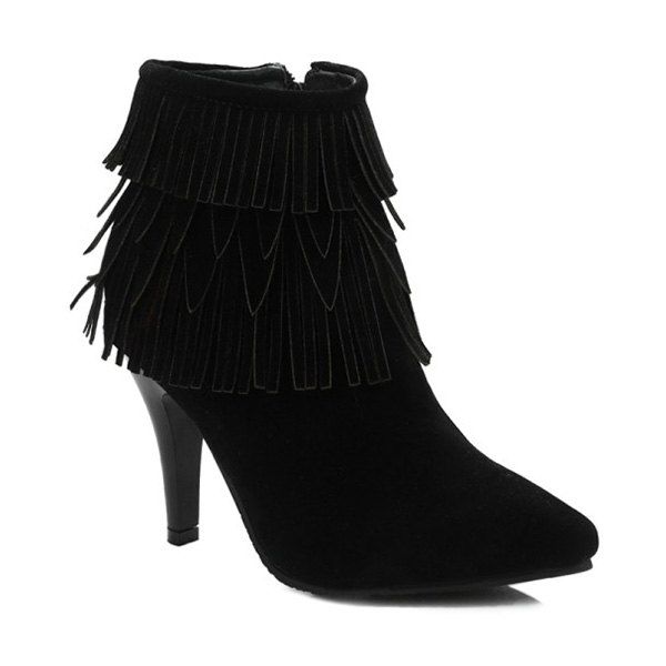 

Zipper Stiletto Heel Multilayerer Fringe Ankle Boots, Black