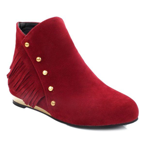 

Dome Stud Flat Heel Zipper Ankle Boots, Red