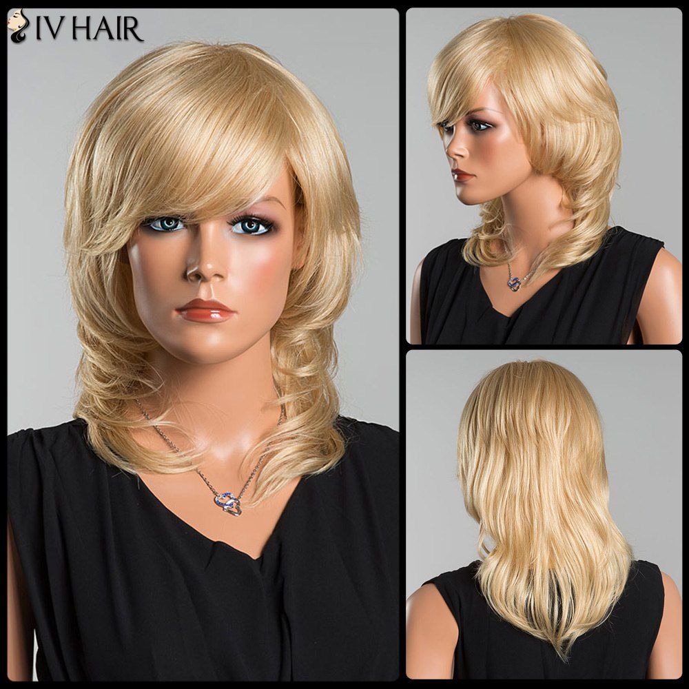 

Siv Long Wavy Oblique Bang Tail Adduction Human Hair Wig, Light gold