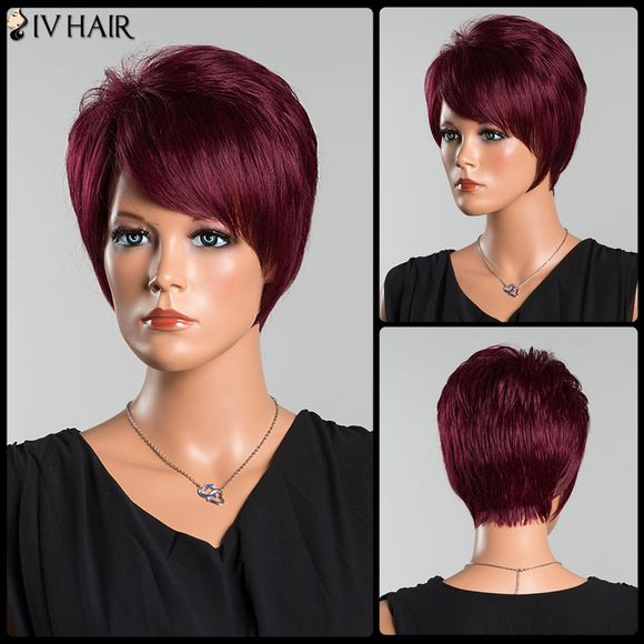 Pixie court Oblique Bang droite perruque de cheveux humains - Rouge vineux 