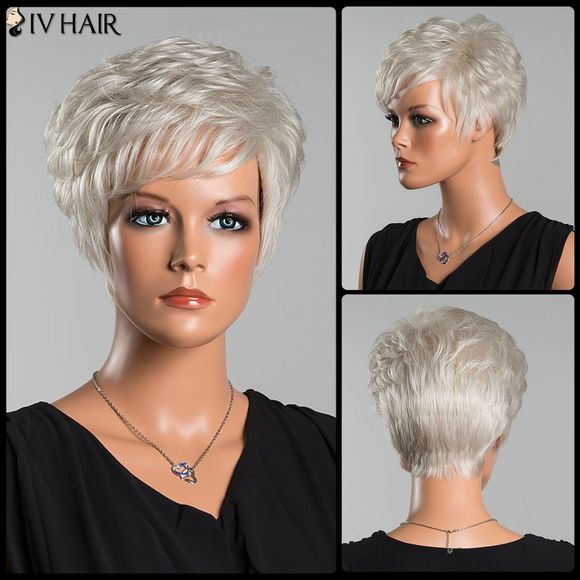 Siv Perruque de Cheveux Humain Courte Bouclée Superposée Frange Oblique - Blanc Argent 