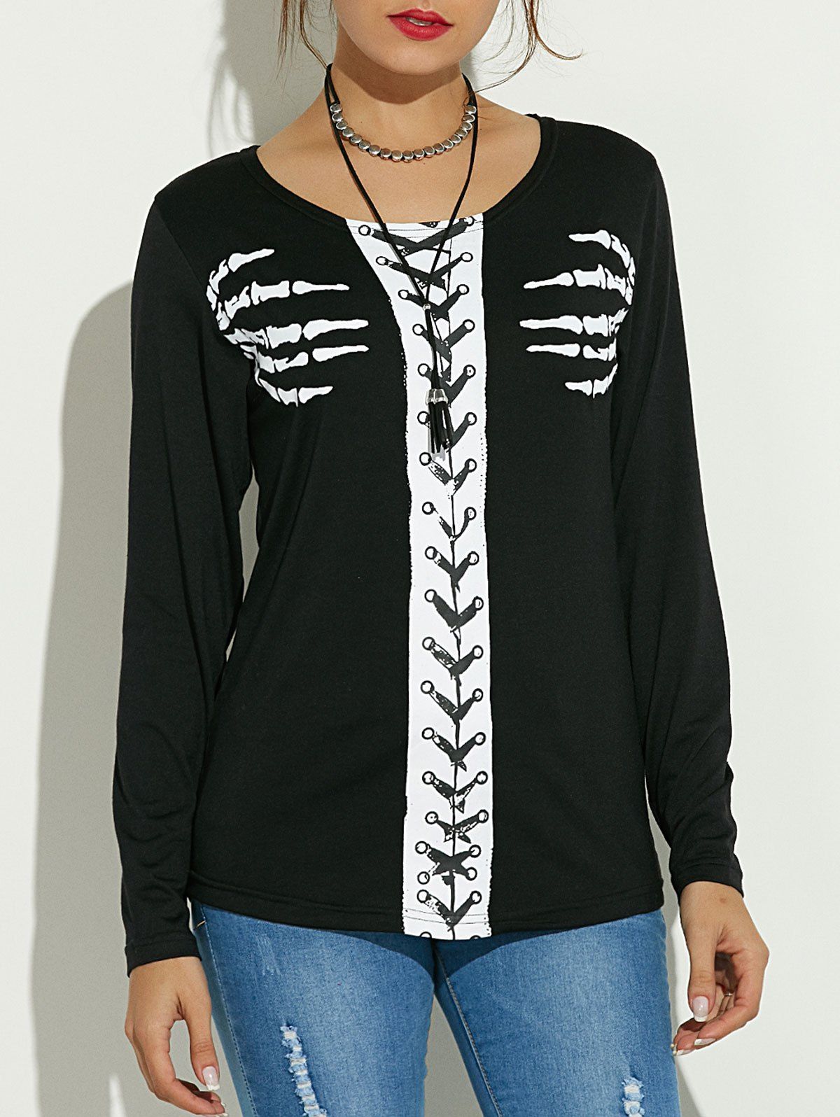 

Long Sleeve Skeleton Print Halloween T-Shirt, Black
