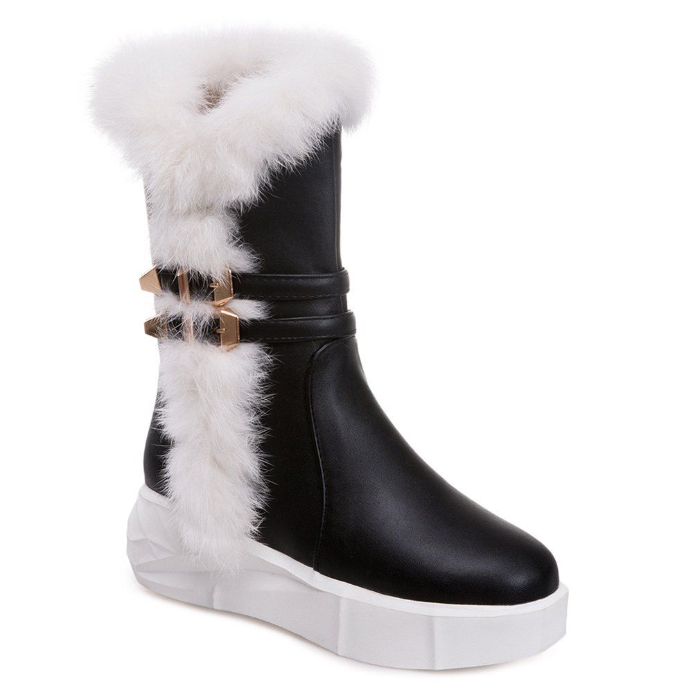 

Double Buckles Faux Fur Platform Boots, Black