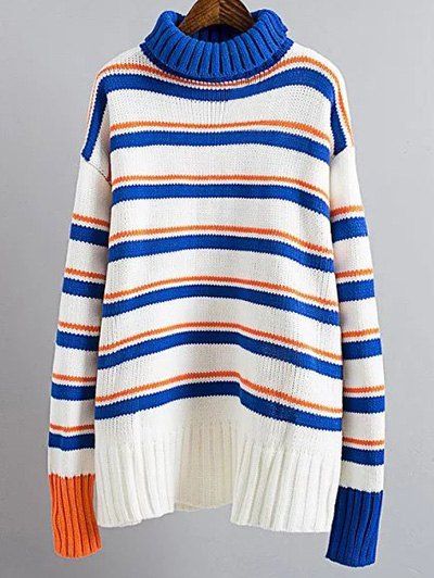 

Turtle Neck Pullover Jumper Striped Sweater, Blue and white