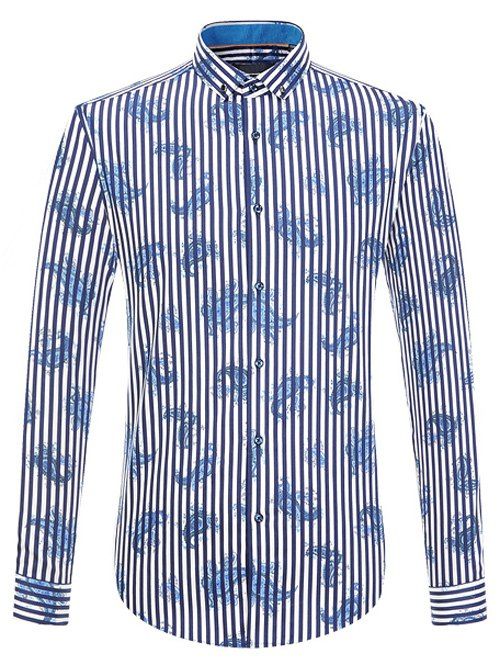 Manches longues à rayures verticales et Paisley Print Button-Down Shirt - Bleu 2XL