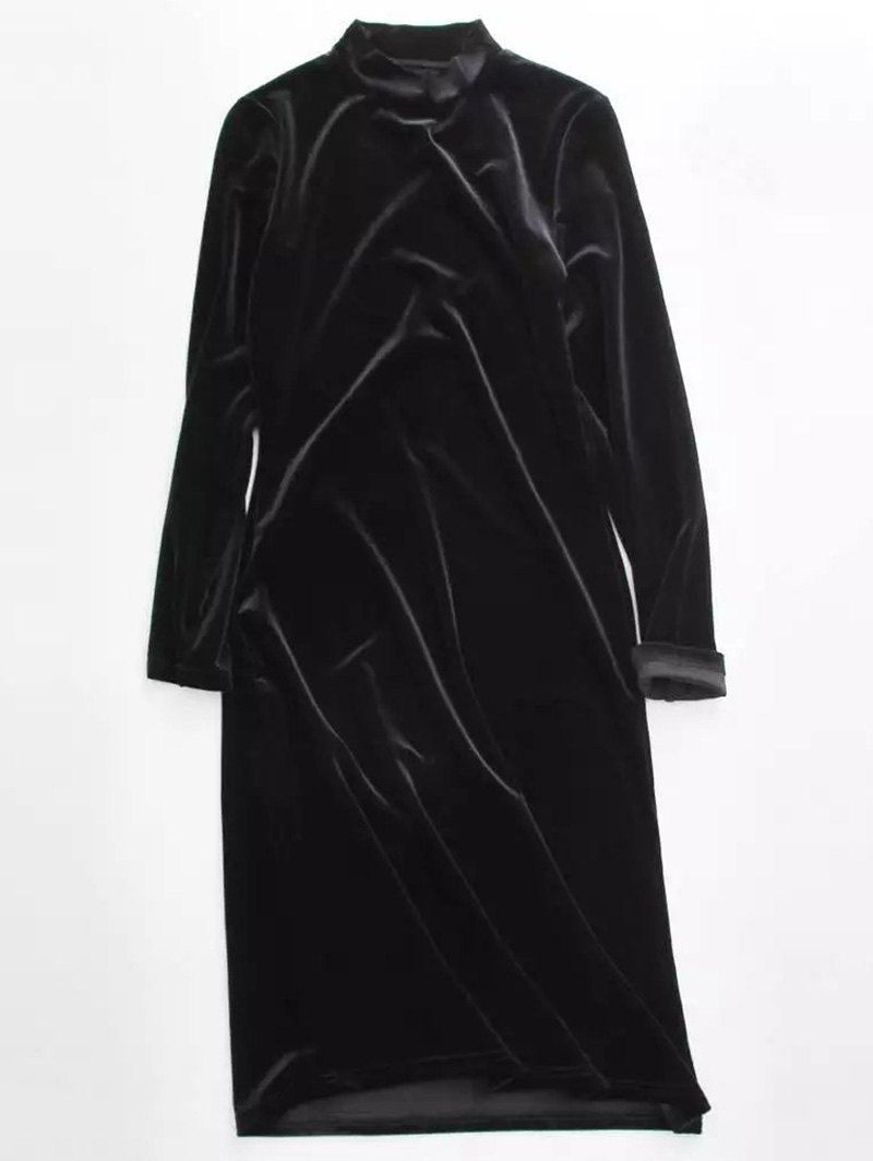 

Stand Neck Long Sleeve Velvet Dress, Black
