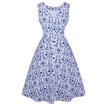 Tie-Waist Retro Print Slimming Dress, BLUE, S in Vintage Dresses ...