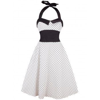 [17% OFF] 2023 Vintage Halter Polka Dot Shirred Dress In WHITE | DressLily