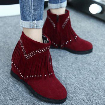 2018 Rhinestones Hidden Wedge Fringe Ankle Boots WINE RED In Boots ...