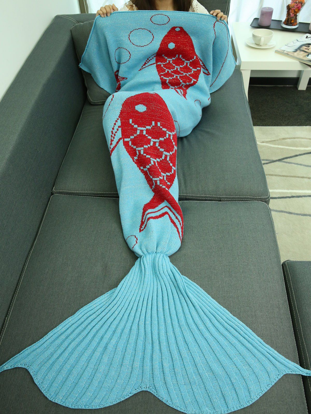 

Warmer Wrap Sofa Handmade Knitted Mermaid Blanket, Lake blue