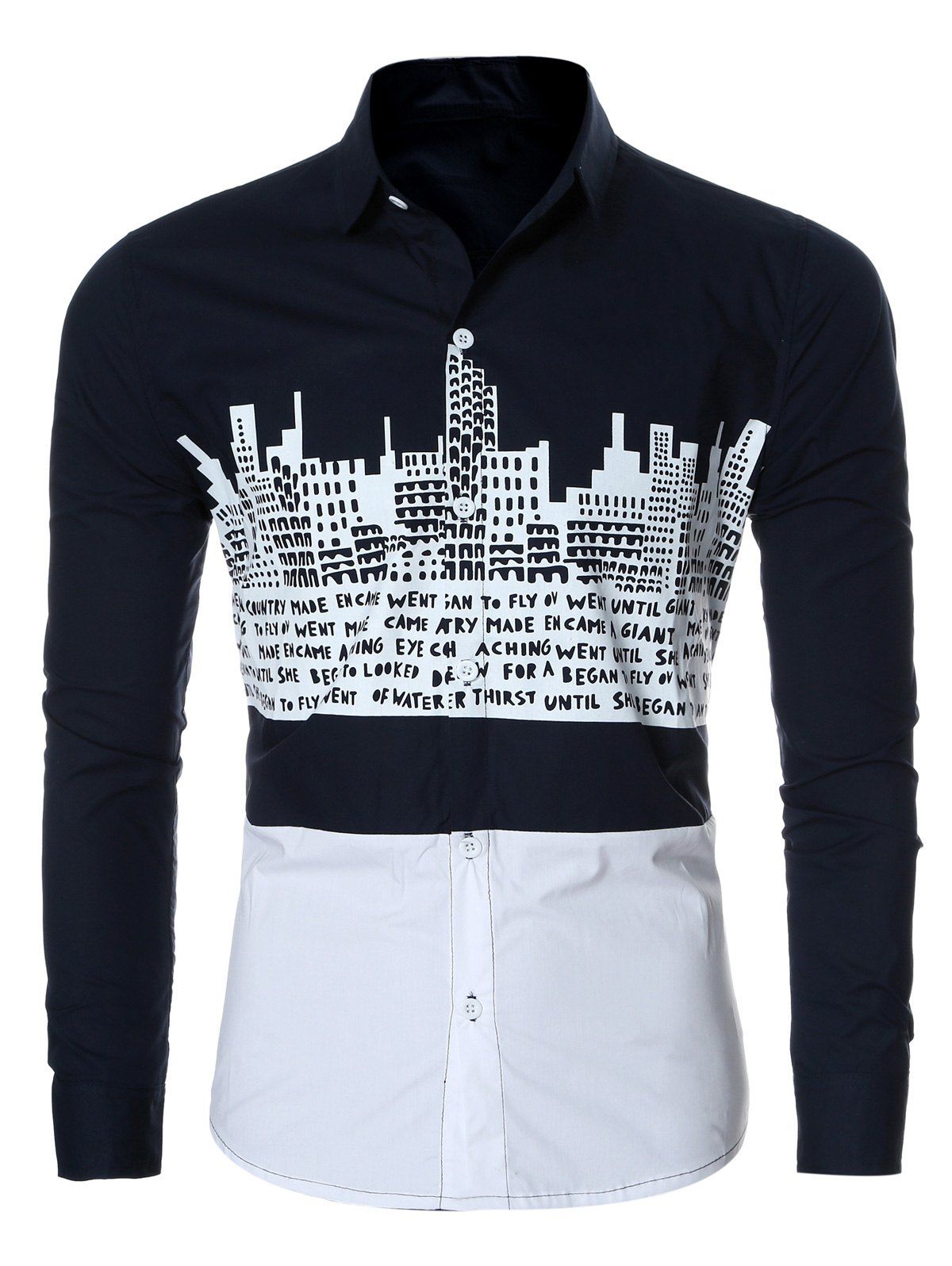 

Letter Building Print Spliced Long Sleeve Men's Shirt, Blue