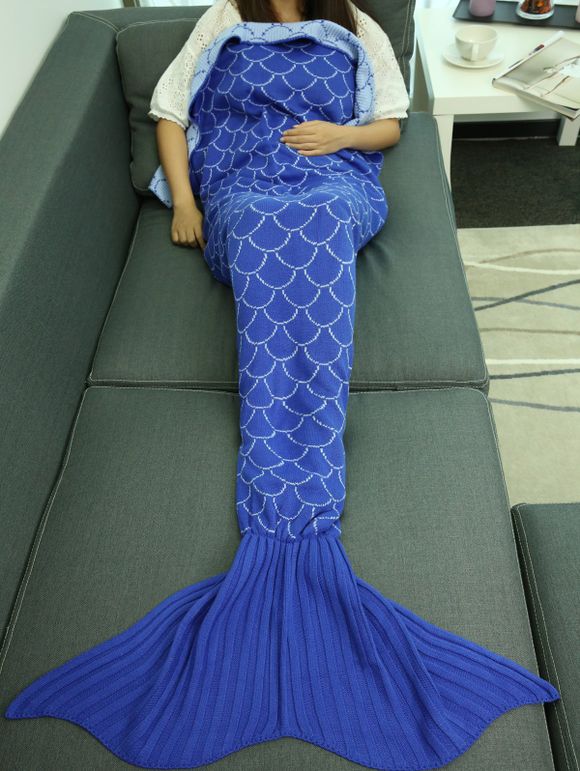 Couverture effet sirène tricotée motifs écailles pour canapé - Bleu 