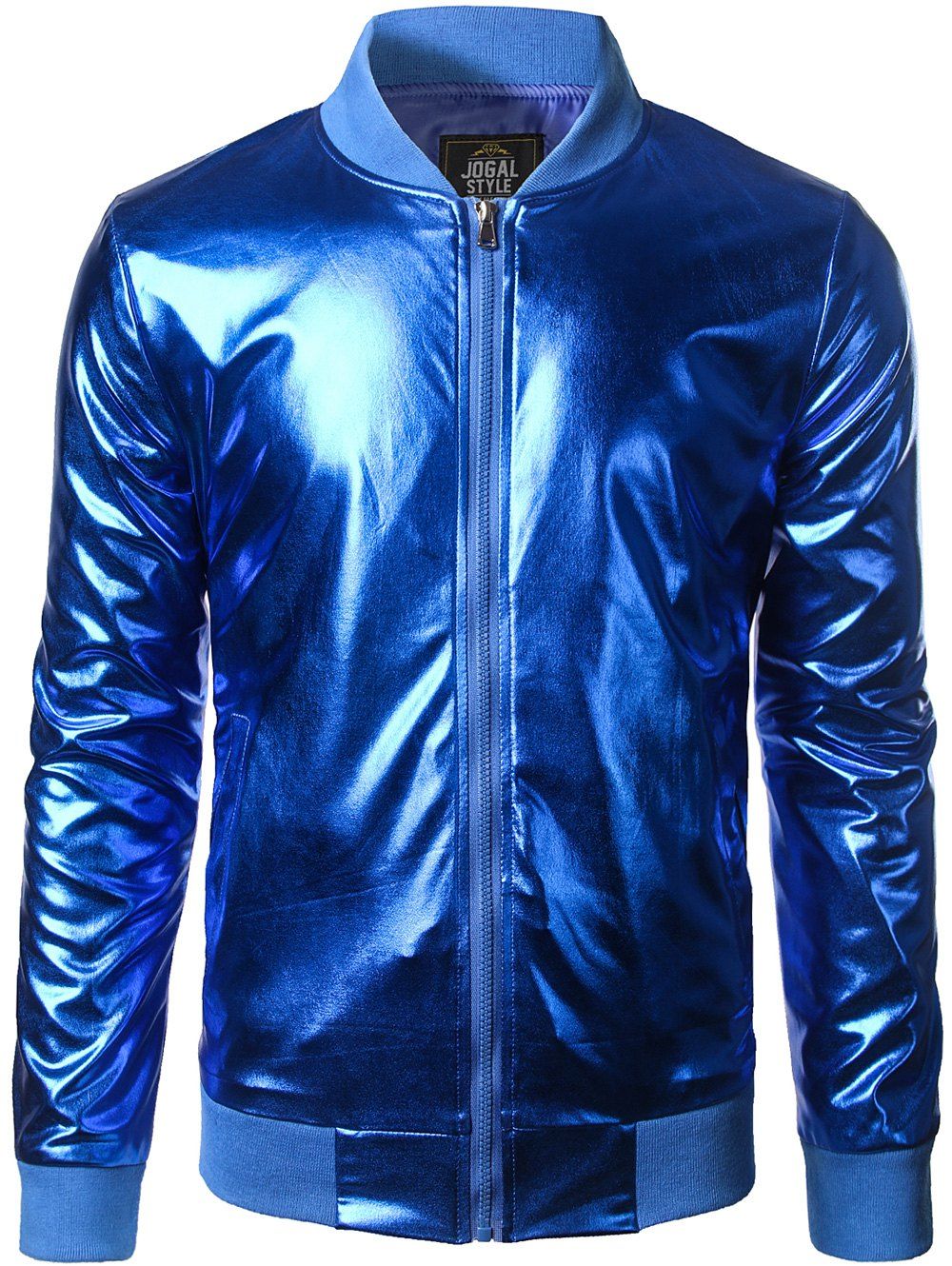 

Stand Collar Zipper Up Metallic Bomber Jacket, Blue