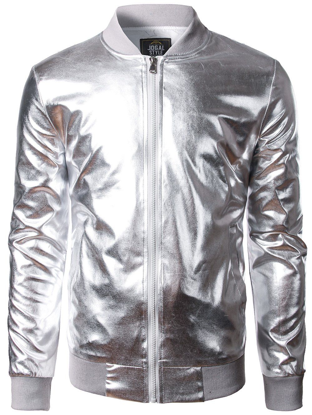 

Stand Collar Zipper Up Metallic Bomber Jacket, Silver