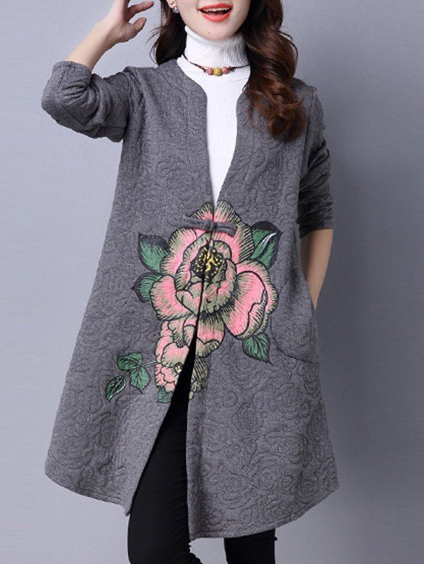 

Collarless Cotton Coat With Flower Print, Gray