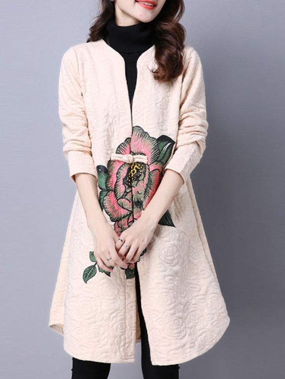 Manteau de Coton sans Collier avec l'impression de Fleur - Blanc Cassé M