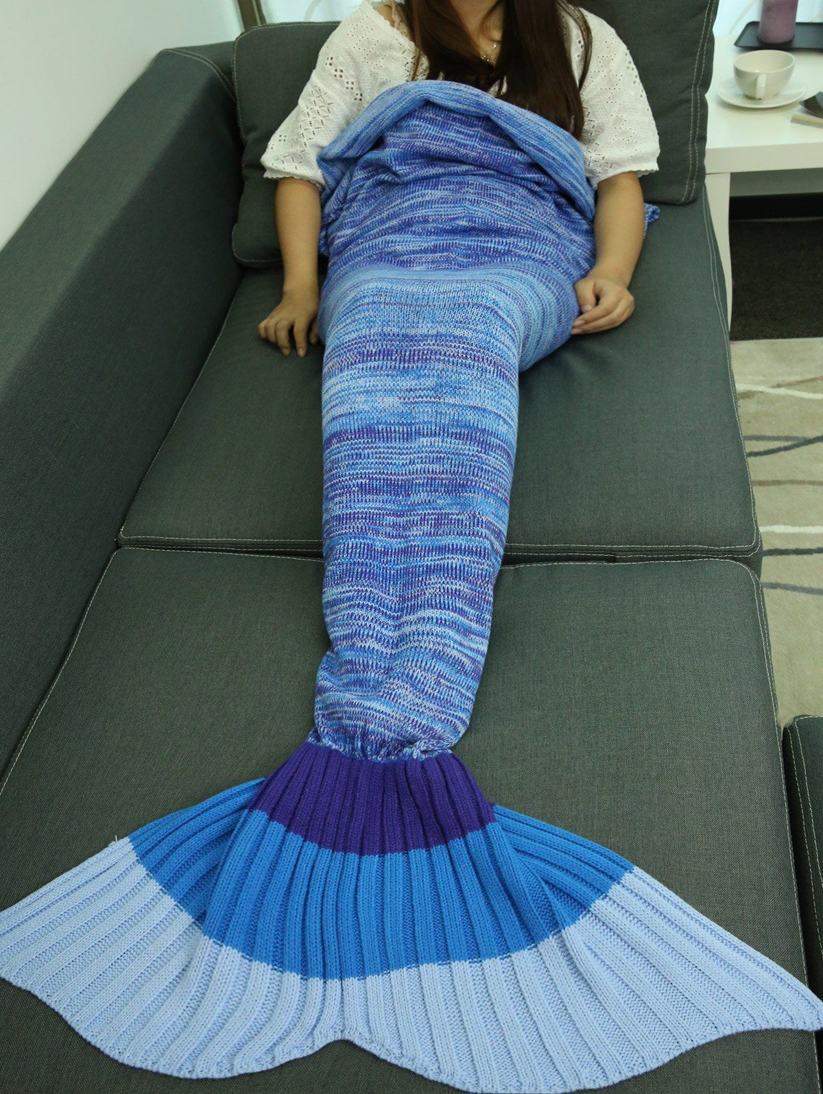 

Spring Bedding Ombre Sofa Knitting Mermaid Tail Blanket, Blue