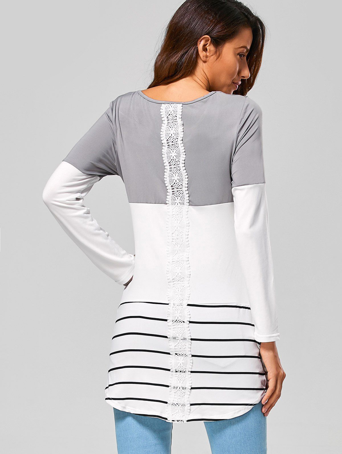 

Long Striped Lace Panel Long Sleeve T-Shirt, Gray