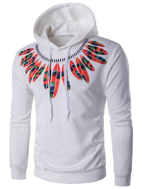 

Color Block Feathers Print Long Sleeve Hoodie, White