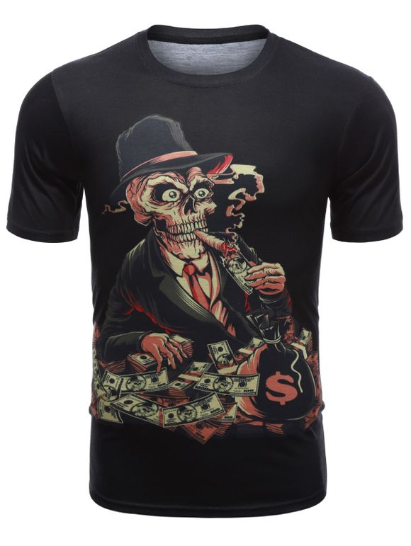 T-shirt à manches courtes en crâne 3D Skull Character Print - Noir XL