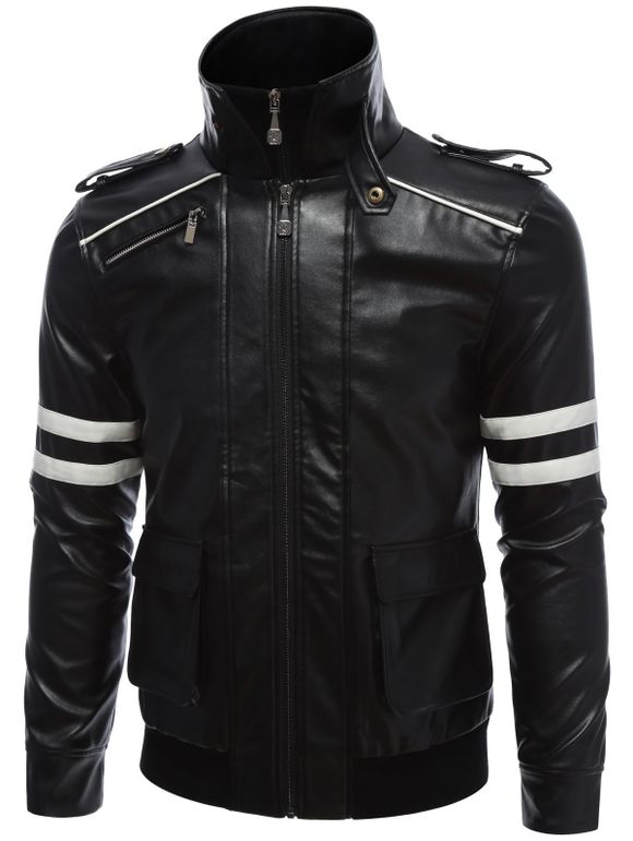 Imprimé Epaulet design Zippered Faux Leather Jacket - Noir S