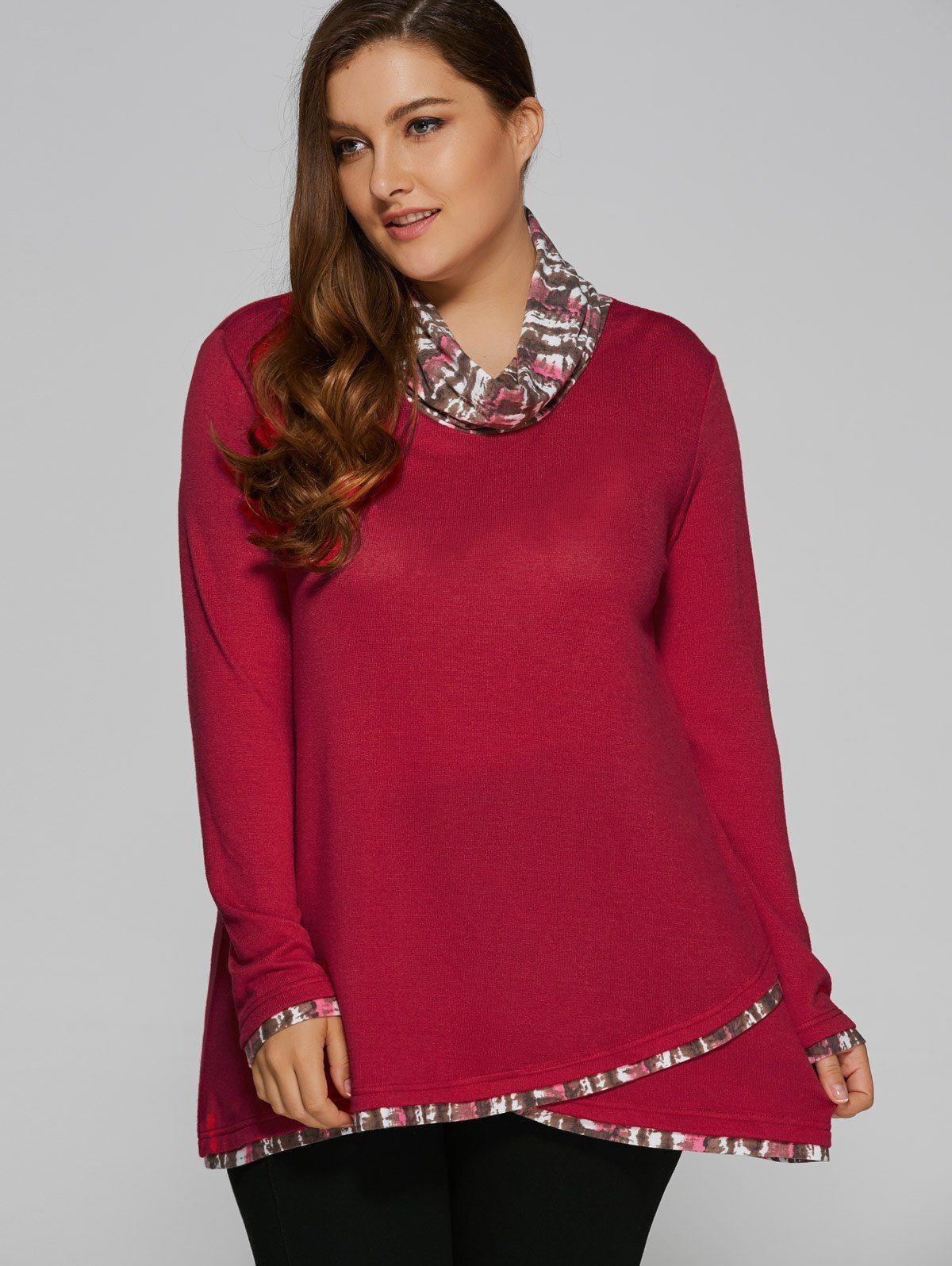 Plus Size Cowl Neck Overlay Blouse, DEEP RED, XL in Plus Size Blouses ...