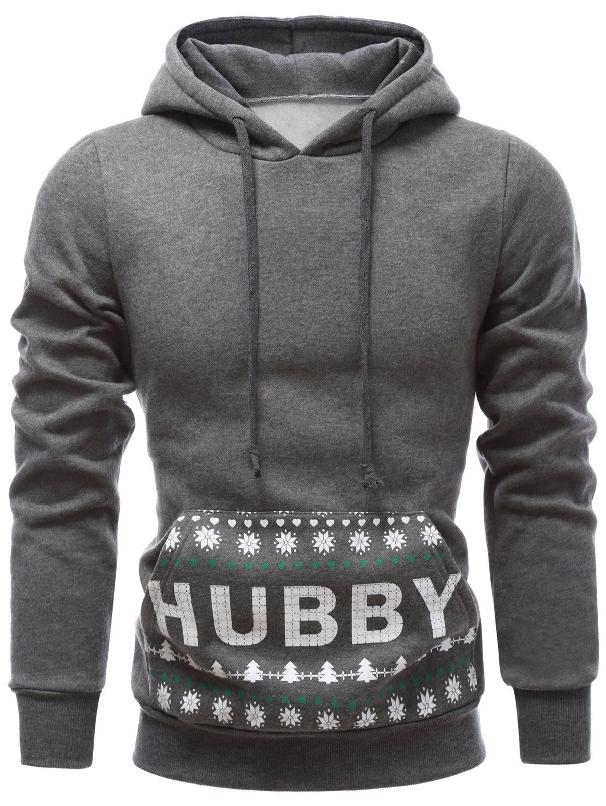 

Drawstring Printed Kangaroo Pocket Pullover Hoodie, Gray