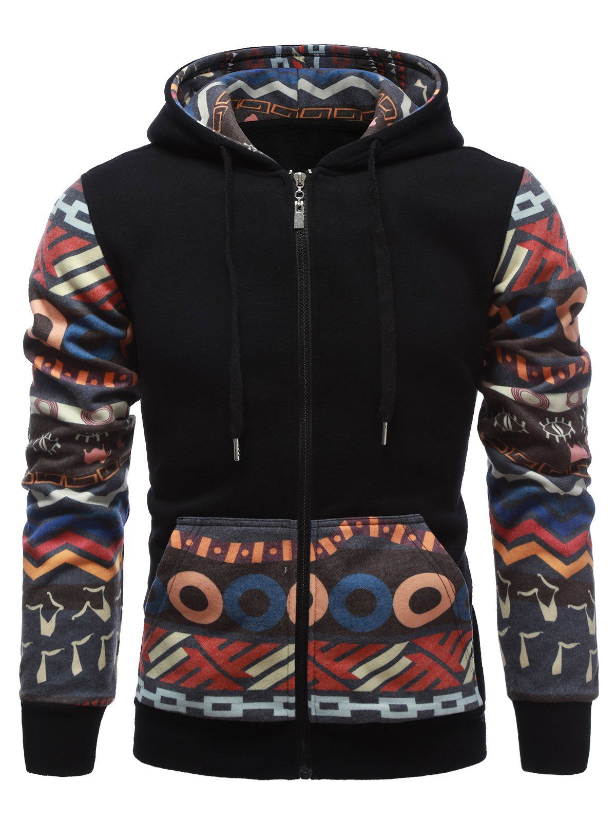 [33% OFF] 2021 Drawstring Tribal Print Zip Up Hoodie In BLACK | DressLily