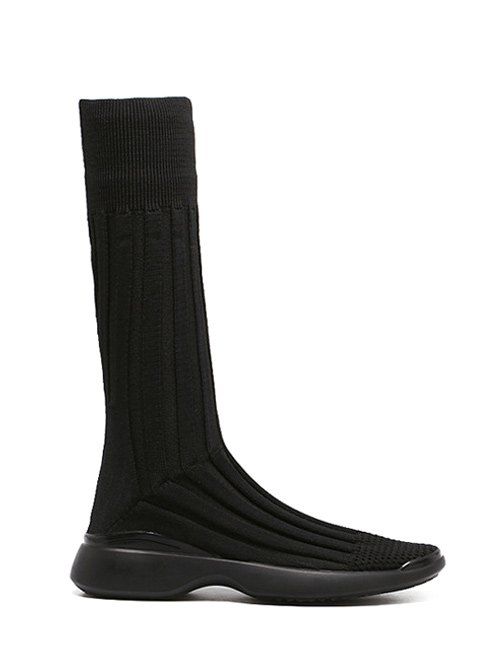 

Platform Mid-Calf Knitted Boots, Black
