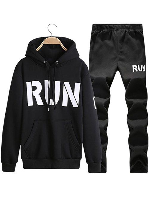 

Run Printed Kangaroo Pocket Pullover Hoodie Twinset, Black