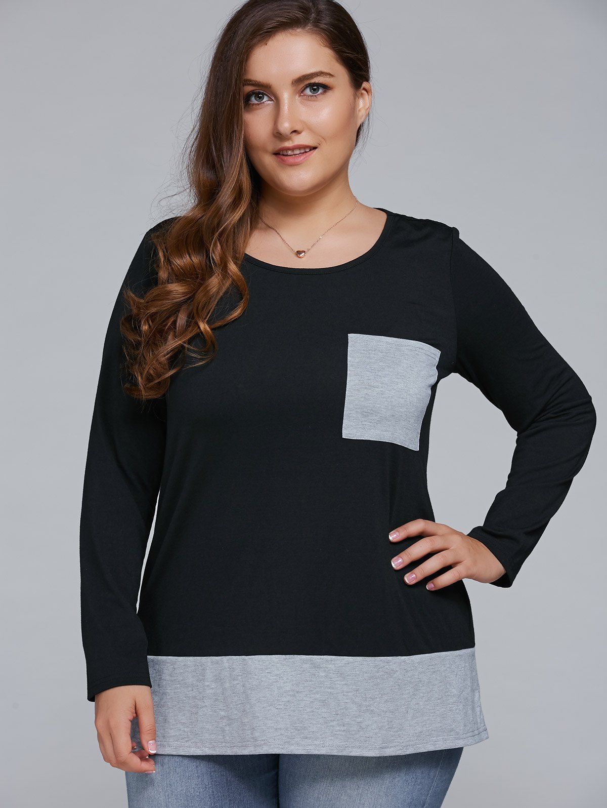 

Plus Size Single Pocket Pullover, Black and grey