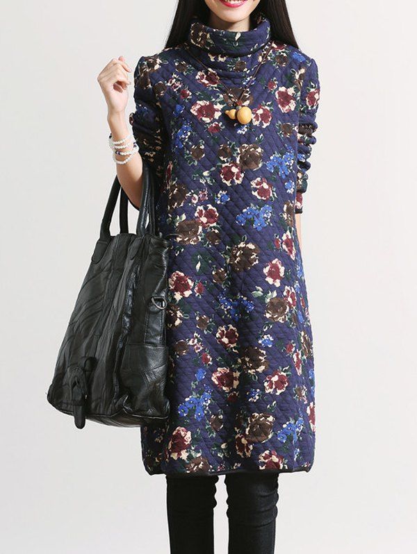 

Padded Flower Print Thicken Dress, Navy blue