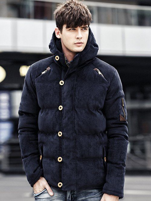 

Zipper Fly Hooded Padded Suede Coat, Deep blue