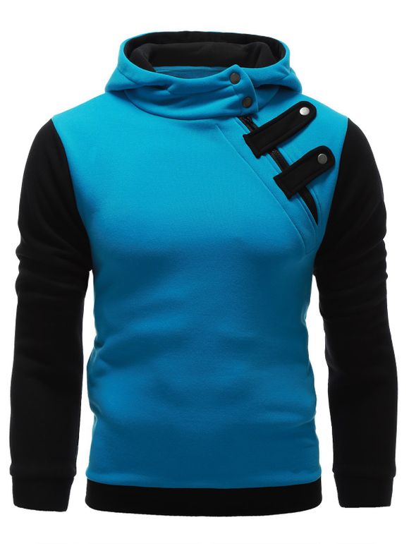 Sweatshirt à Capuche à Manches Longues Deux Tons de Couleurs avec Zip sur le Côté pour Hommes - Bleu XL