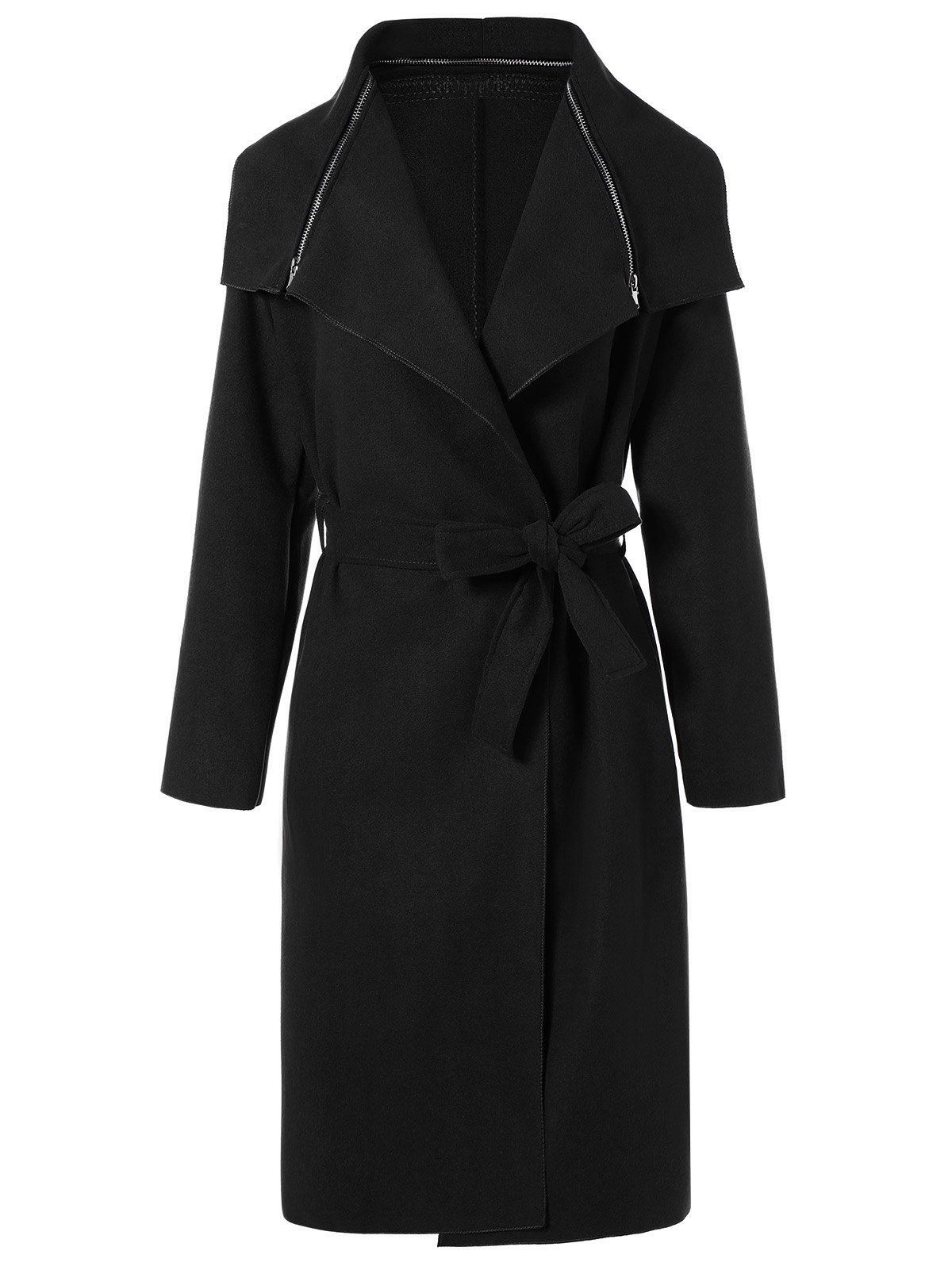 [17% OFF] 2021 Zipped Belted Long Shawl Wrap Coat In BLACK | DressLily