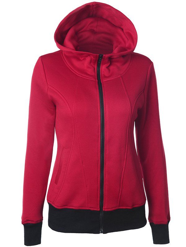 

Casual Pockets Long Sleeve Zipper Up Hoodie, Claret