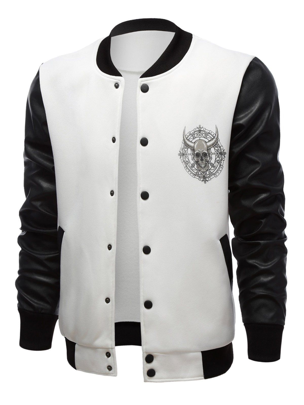 

Skull Print Color Block Stand Collar PU-Leather Spliced Jacket, White and black