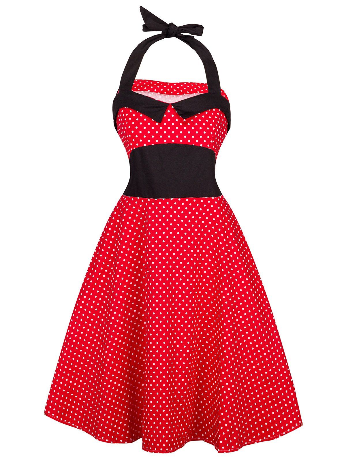 [17% OFF] 2021 Vintage Halter Polka Dot Shirred Dress In RED | DressLily