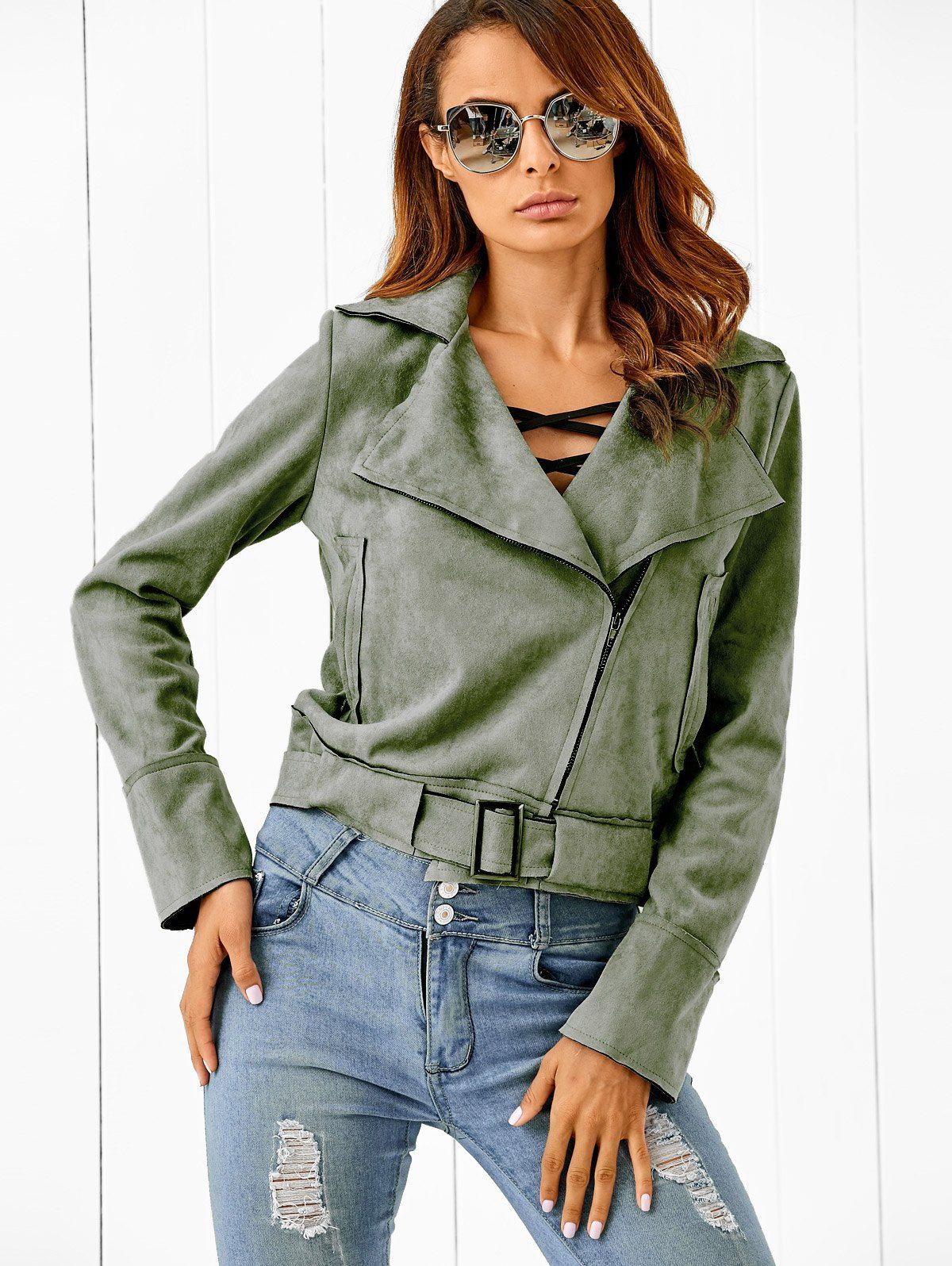 

Zip Pocket Faux Suede Jacket, Army green