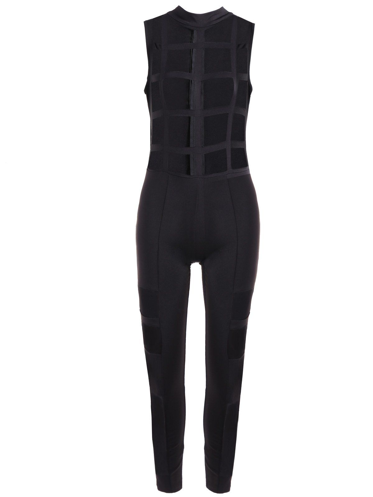 

Mesh Patchwork Zipper Design Jumpsuit, Black