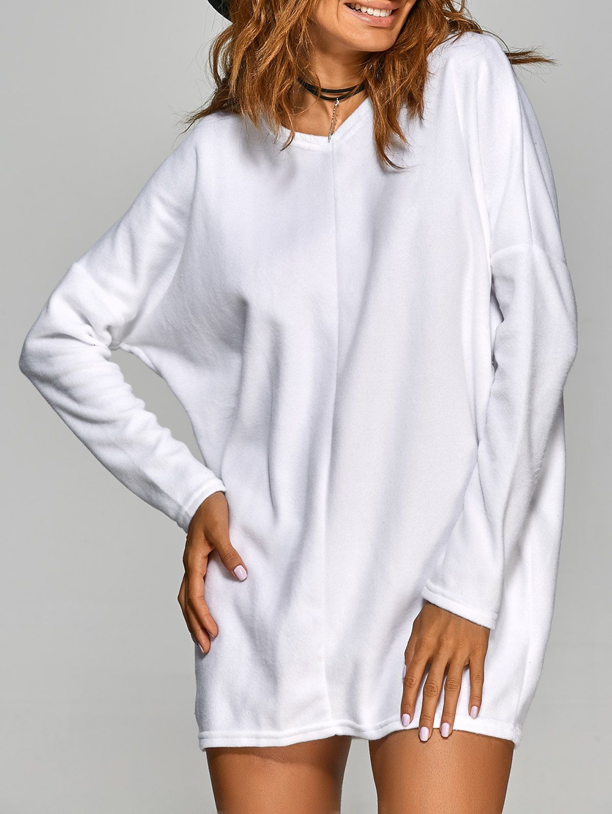 Short Plain V Neck Long Sleeve Mini Casual Tunic Dress - WHITE L