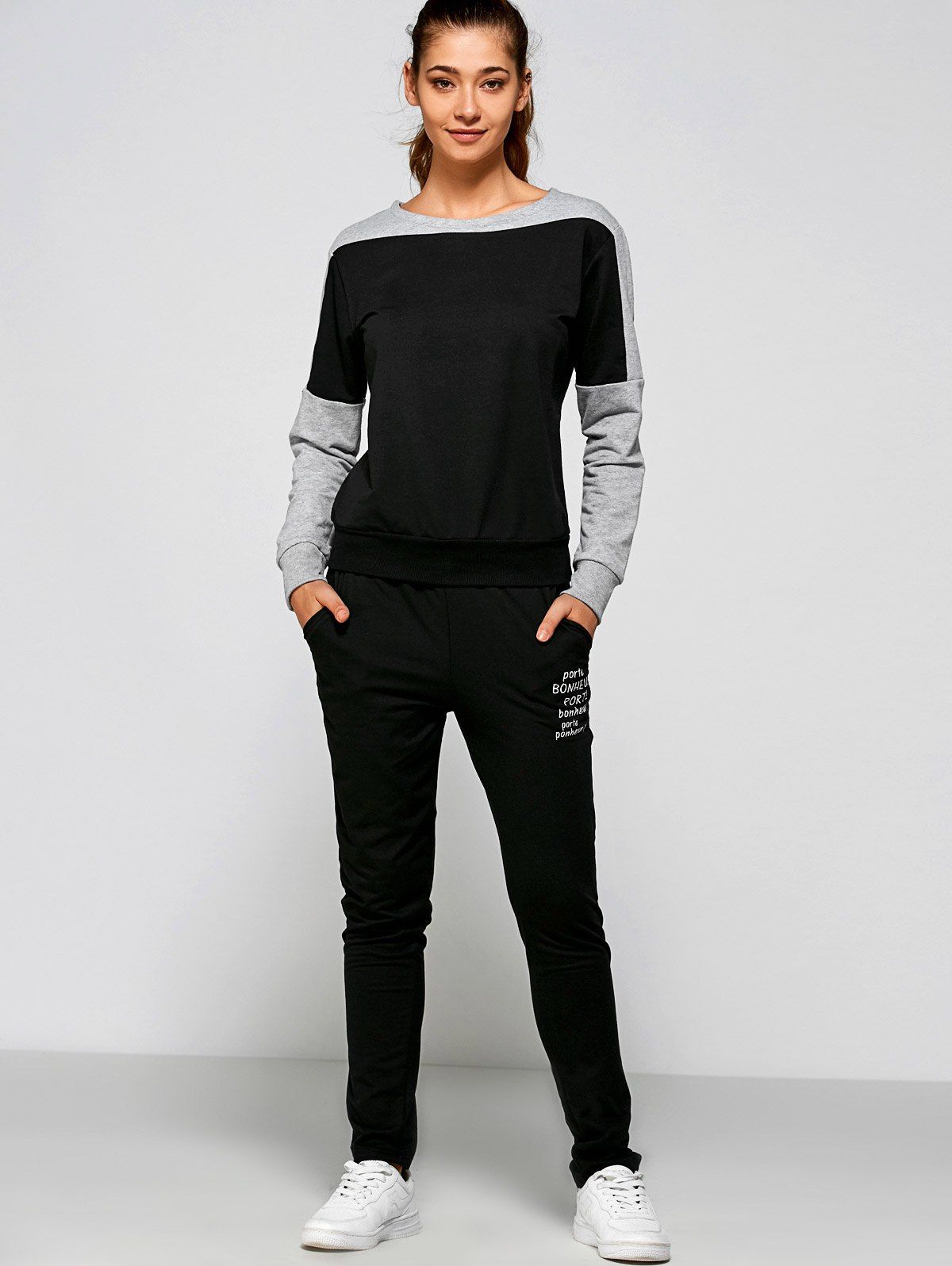

Casual Letter Print Sweatshirt+Pants, Black