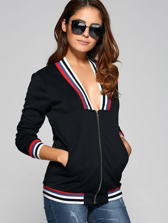 Stripe Trim Plunge Neck Jacket - BLACK S