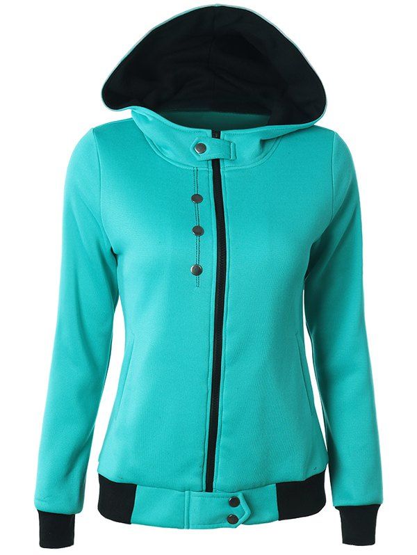 

Casual Buttoned Long Sleeve Zipper Up Hoodie, Lake blue