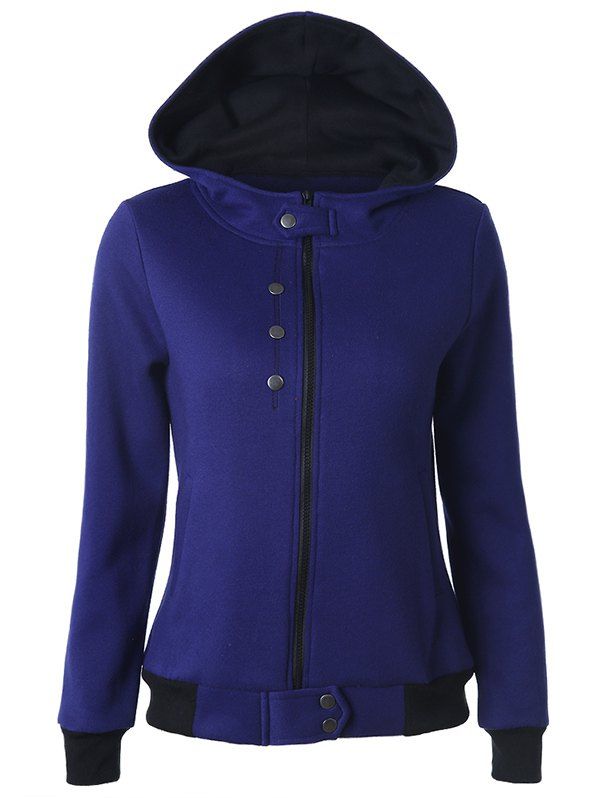 

Casual Buttoned Long Sleeve Zipper Up Hoodie, Deep blue