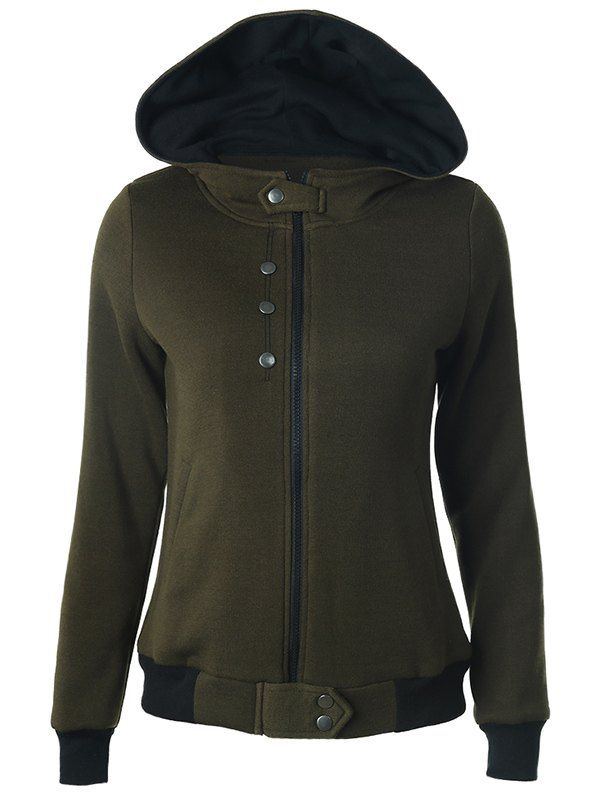 

Casual Buttoned Long Sleeve Zipper Up Hoodie, Army green
