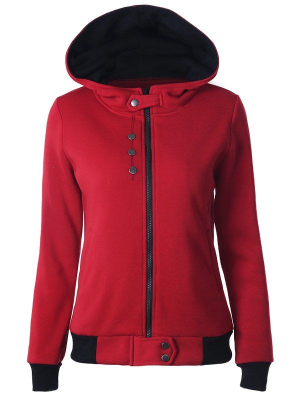 

Casual Buttoned Long Sleeve Zipper Up Hoodie, Deep red