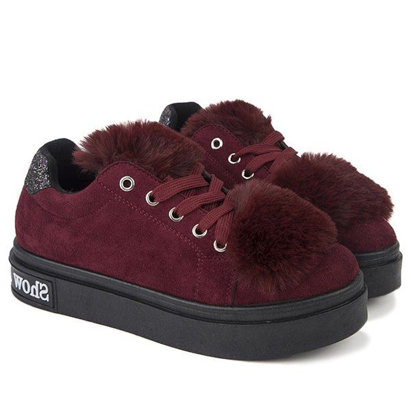 Sequins Lace Up Faux Fur Platform Shoes - WINE RED 38
