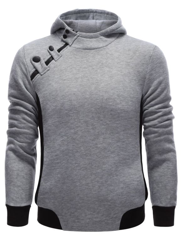 Buttons Embellished Oblique Zipper Design Hoodie - GRAY S