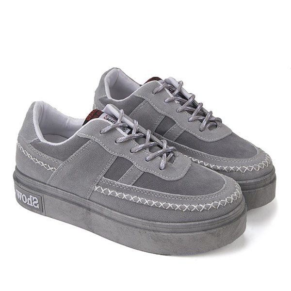 Lace Up Stitching Suede Platform Shoes - GRAY 38